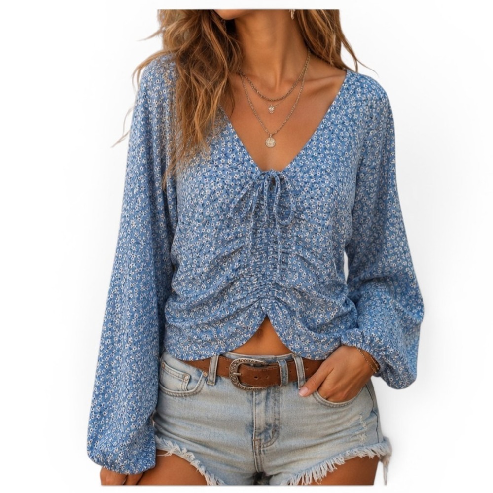 H&M Blue Floral Ruched Peasant Top SZ‎ L Boho Cottagecore Milkmaid Blouse